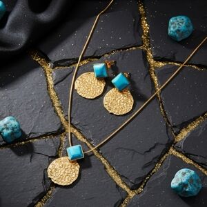 Boho Chic Turquoise Gold Textured Disc 316L Stainless Steel Necklace Earrings